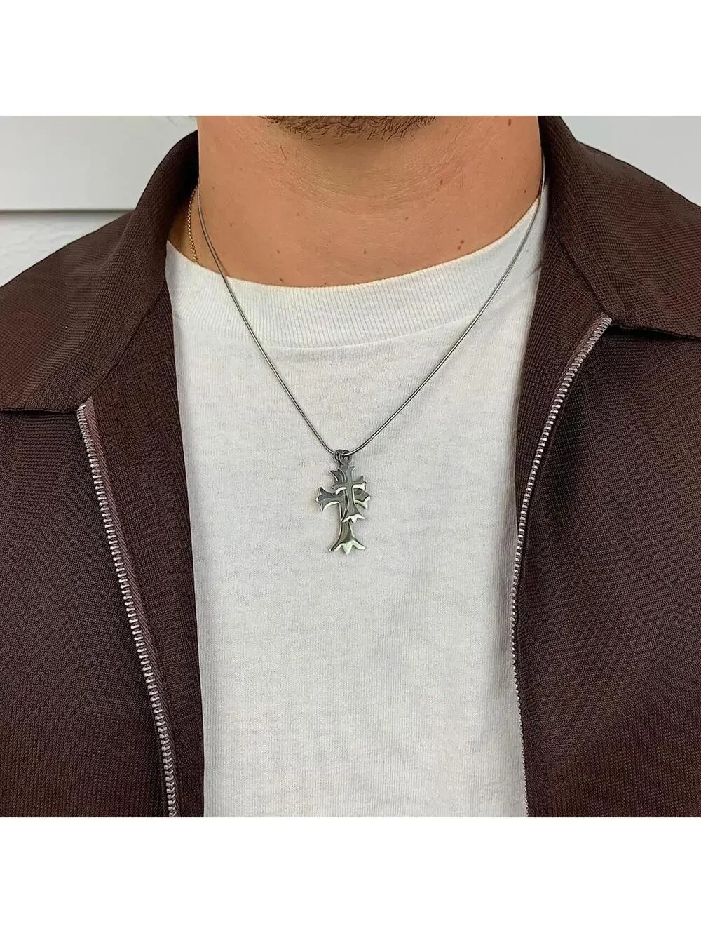 Vintage y2k style Double Gothic Cross pendant Stainless Steel Silver necklace